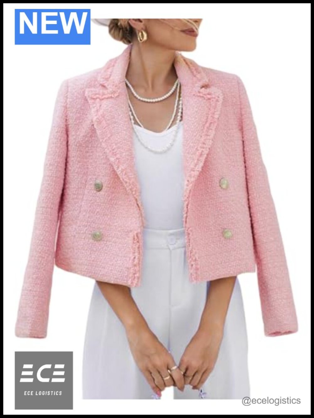 Cropped Tweed Blazer Womens Double Breasted Fringe Trim Long Sleeve Casual